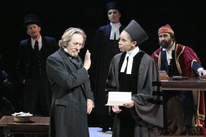Miles Anderson as Shylock and Krystel Lucas as Portia Photo by Michael Lamont