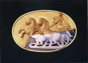 Image of "Chariot with Male Figure" with gold Integration attributed to Benvenuto Cellini.