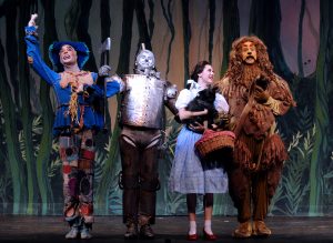 (L-R): Stephen Petrovich as The Scarecrow, Carson Twitchell as The Tinman, Carlin Castellano as Dorothy, and Randall Dodge as The Cowardly Lion. Photo: Ken Jacques