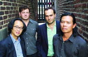 FLUX Quartet. From left: Tom Chiu, Conrad Harris, Max Mandel, Felix Fan [photo courtesy of La Jolla Music Society]