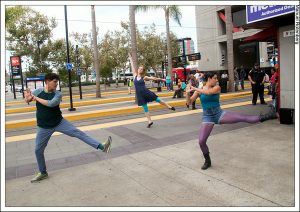Angel Acuna, Blythe Barton and Zaquia Mahler Salinas in 16th Annual Trolley Dances, 12th and Imperial St. trolley station. Photo:  Manual Rotenberg 