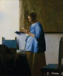 Johannes Vermeer, “The Woman in Blue Reading a Letter,” about 1663-64. Oil on canvas, 18 5/16 x 15 3/8-inches (49.6 x 40.3 cm). Rijksmuseum, Amsterdam. On loan from the City of Amsterdam (A. van der Hoop Bequest). Image: Rijksmuseum, Amsterdam.