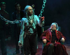 Jacob Marley (David McBean, left) wears the chains he forged in life and warns Ebenezer Scrooge (Tom Stephenson) that he has to save himself accordingly. Photos by Ken Jacques.