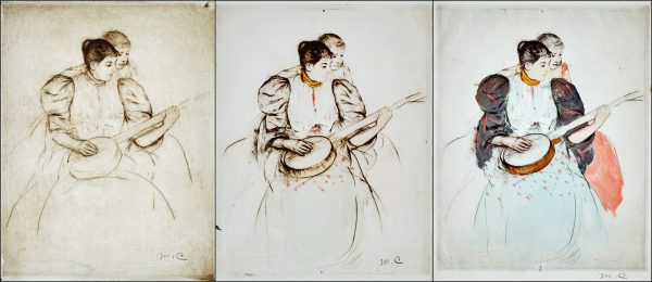 Mary Cassatt, "The Banjo Lesson," 1893 (3 variants). Color drypoint and aquatint with monotype inking; each: 11 3/4 x 9 3/8-inches.