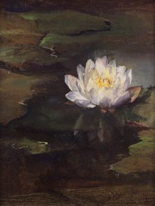 John La Farge, "Water Lilly," c. late 1870s. Oil on canvas; 11 x 8 1/2-inches.