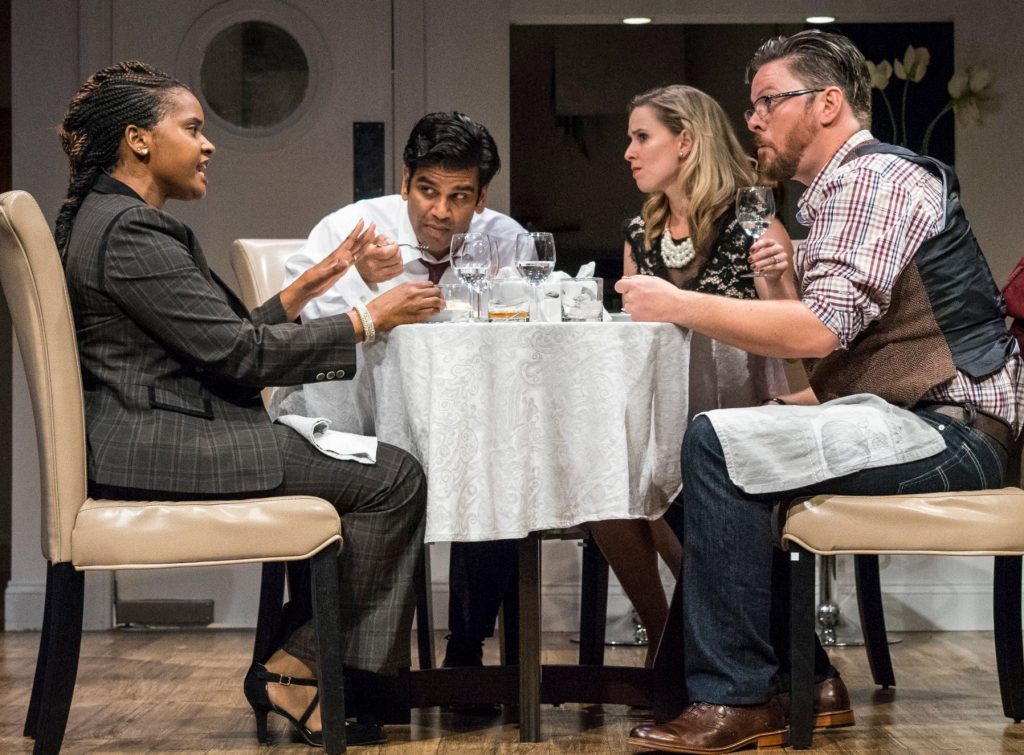 Jory, Amir, Emily and Isaac (from left, Monique Gaffney, Ronobir Lahiri, Allison Spratt Pearce and Richard Baird)  aren't exactly enjoying their time together over fennel salad and booze -- the looks on their faces suggest the brutality behind what's to follow. Photo by Daren Scott.