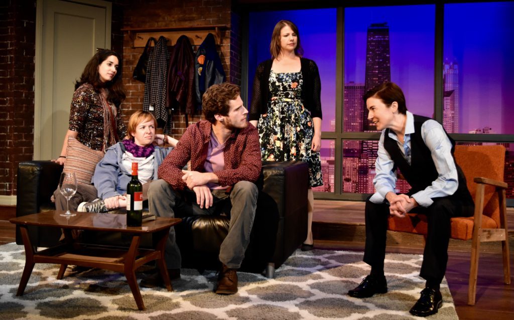 Margot, Nate, Jacob, Leigh and Darcy (from left, Anna Rebek, Katherine Harroff, Connor Sullivan, Sarah Karpicus and Jo Anne Glover) are in a twist over the one unseen player in 'The Kid Thing.' Photo by Jose Galvan.